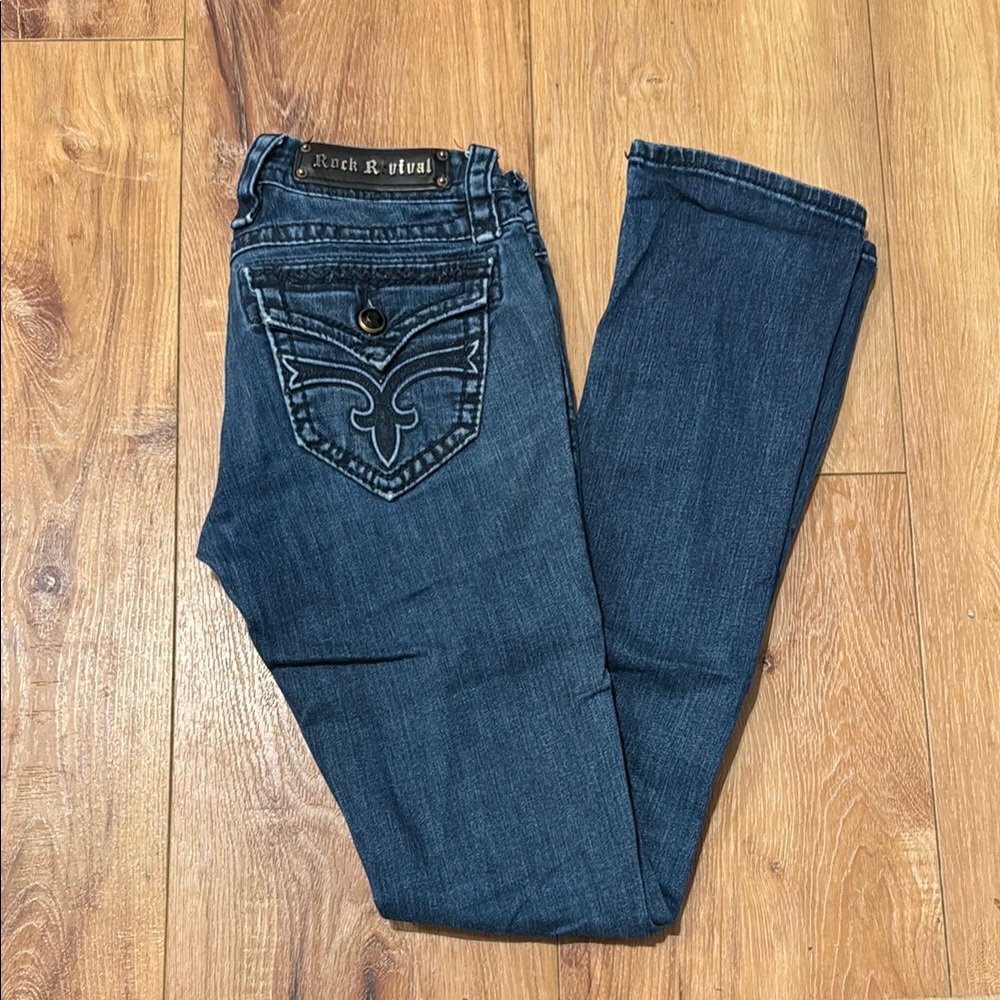 Rock Revival Blue Straight Leg Jeans with Decorative Stitching
